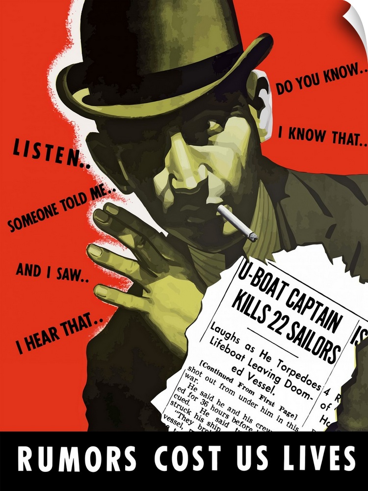 Digitally restored vector war propaganda poster. This vintage World War II poster features a shady looking man in a hat, s...