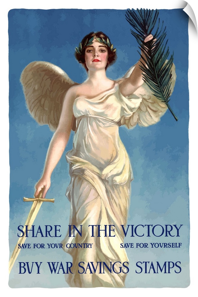 Digitally restored vector war propaganda poster. This vintage World War One poster features Lady Liberty holding a sword a...