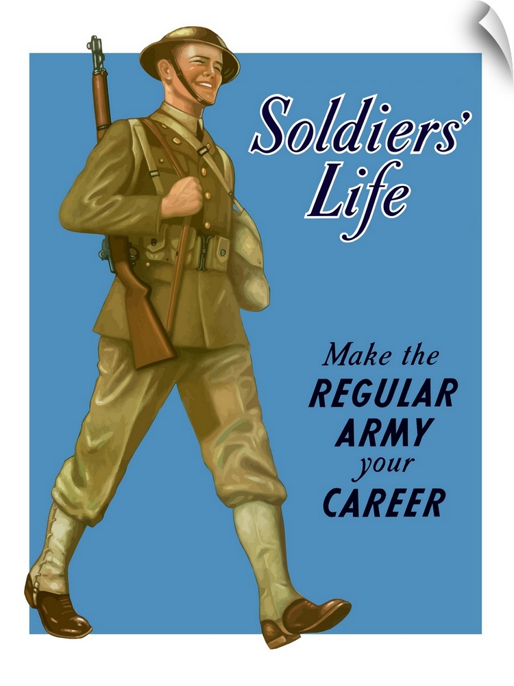Digitally restored vector war propaganda poster. This vintage World War II poster features a smiling soldier marching alon...