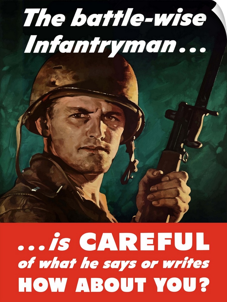 Digitally restored vector war propaganda poster. This vintage World War Two poster features a stern American G.I. holding ...