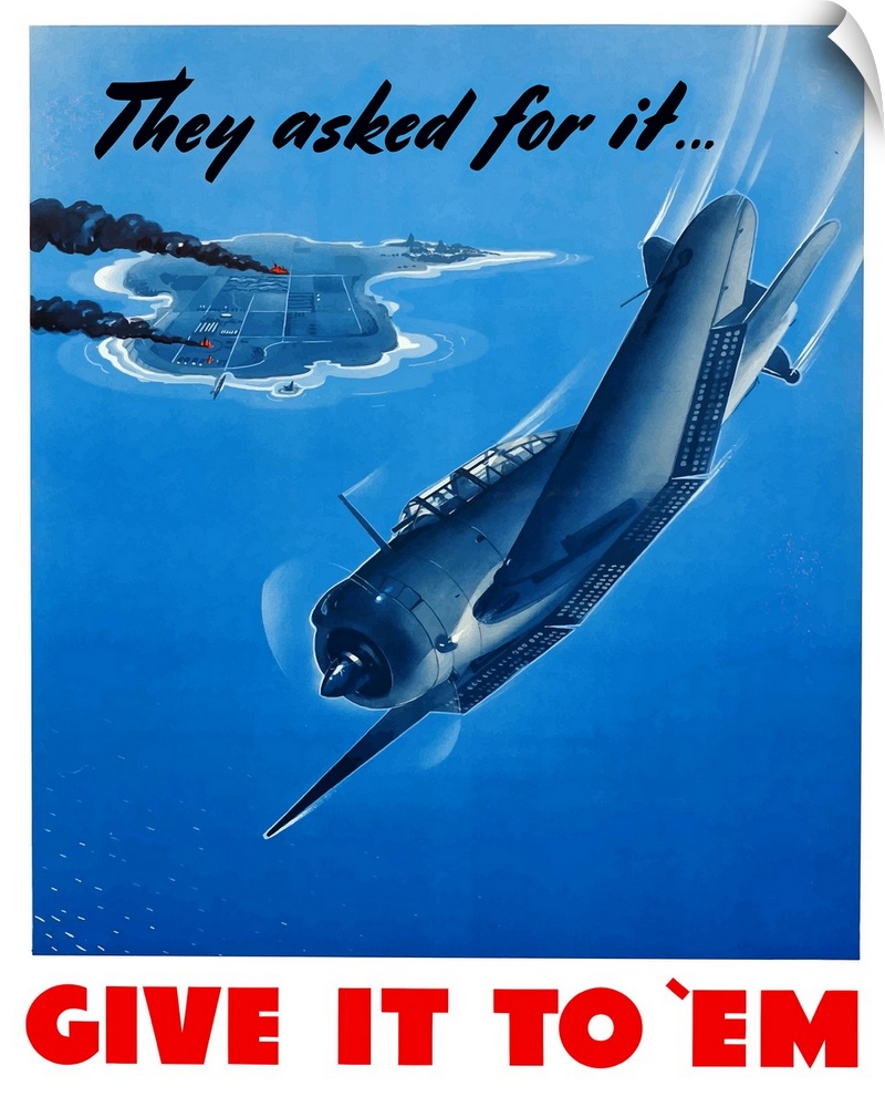 Digitally restored vector war propaganda poster. This vintage World War Two poster features a fighter plane after a bombin...