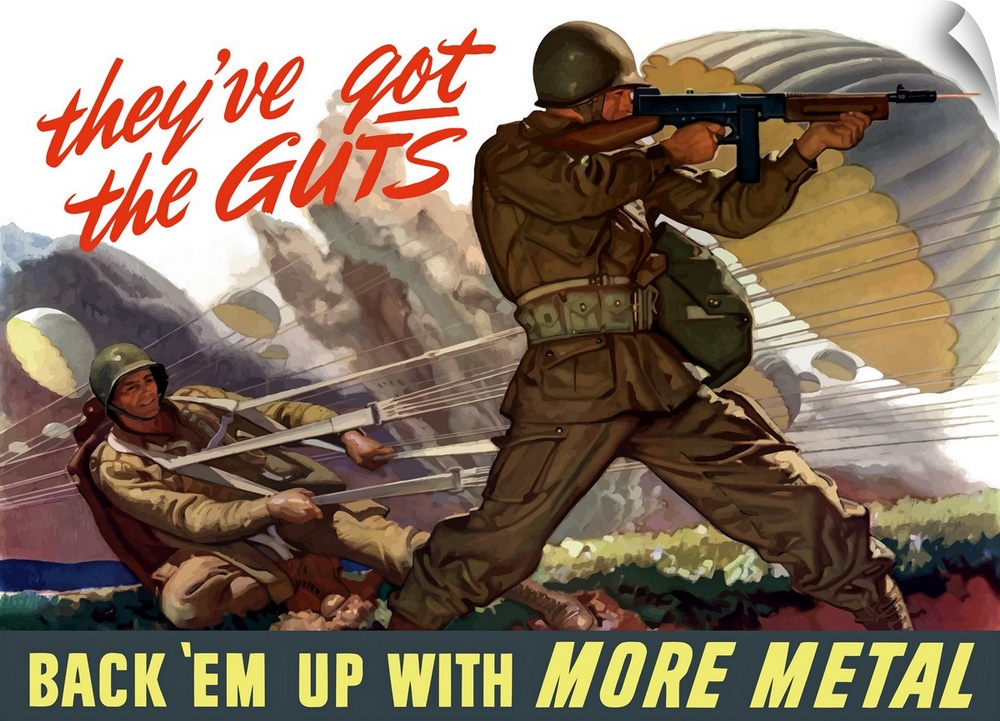 Large, horizontal vector war propaganda poster. This vintage World War II poster features airborne troops parachuting into...
