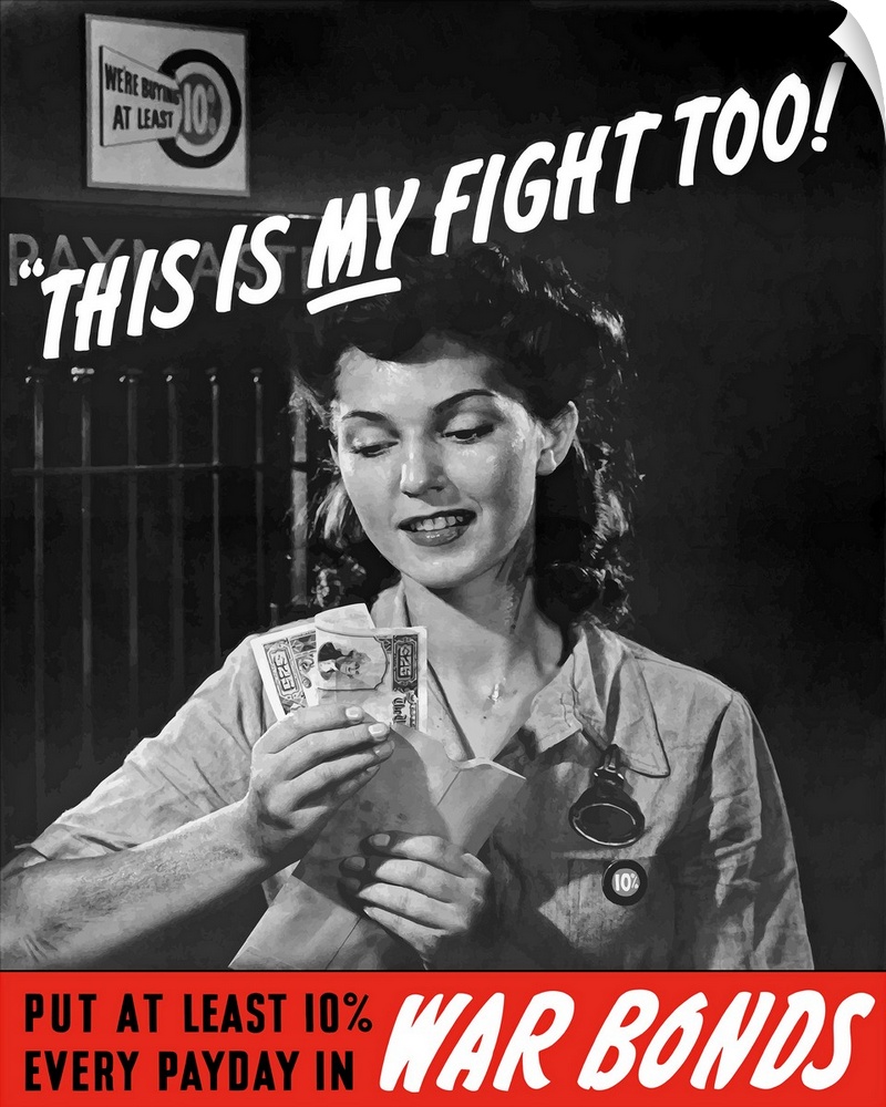 Digitally restored vector war propaganda poster. This vintage World War II poster features a female factory worker holding...