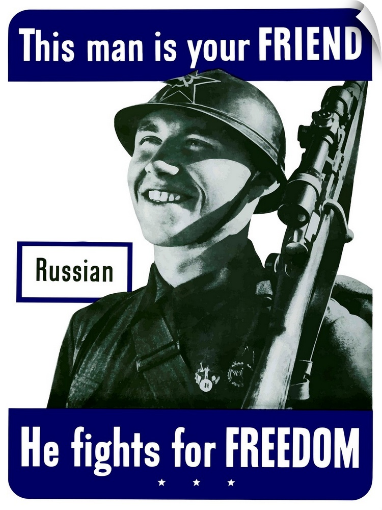 Digitally restored vector war propaganda poster. This vintage World War Two poster features a smiling Russian soldier. It ...