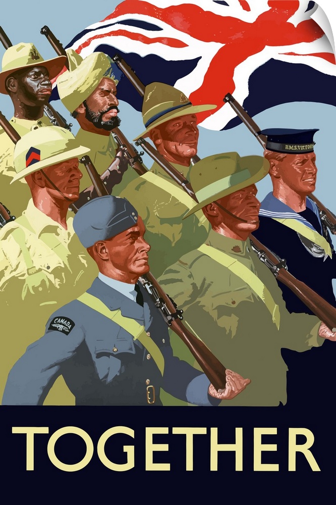 Digitally restored vector war propaganda poster. This vintage World War II poster features the troops of the British Empir...