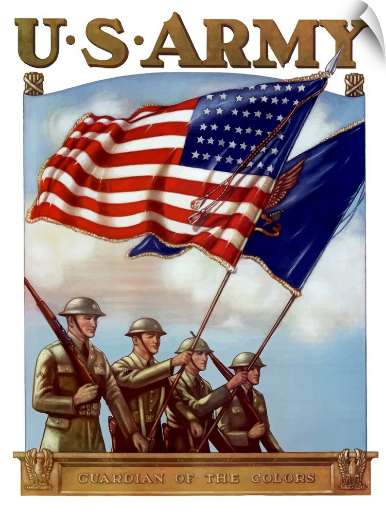 Retro poster for the US Army on canvas with soldiers carrying flags and guns while marching.