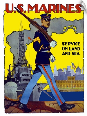 Digitally restored vector war propaganda poster. U.S. Marines, Service On Land And Sea