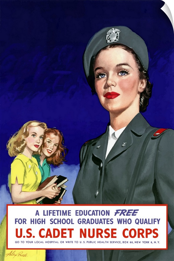 Digitally restored vector war propaganda poster. This vintage World War II poster features two schoolgirls staring in awe ...