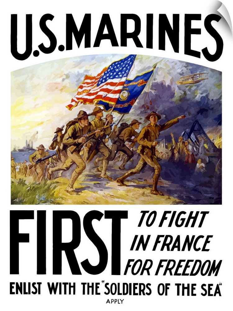 This historical propaganda poster shows marines rushing over a hill in to a battle field carrying decorative flags.