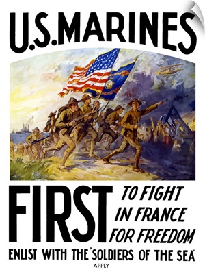 Digitally restored vector war propaganda poster. US Marines, First To Fight In France