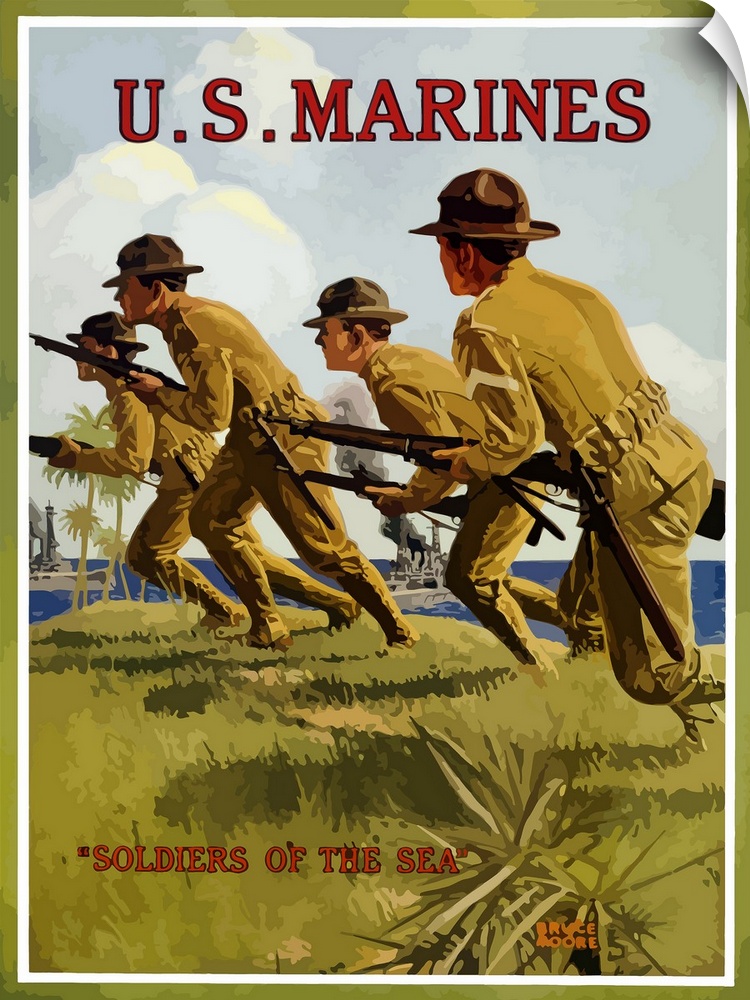 This vintage WWI poster features US Marines charging into battle with their rifles. It declares - US Marines, Soldiers Of ...
