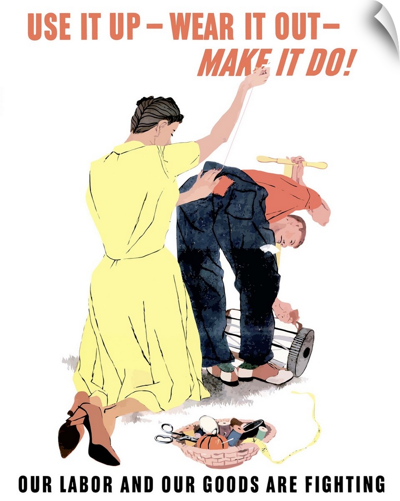 Digitally restored vector war propaganda poster. This vintage World War Two poster features a woman repairing her husbands...