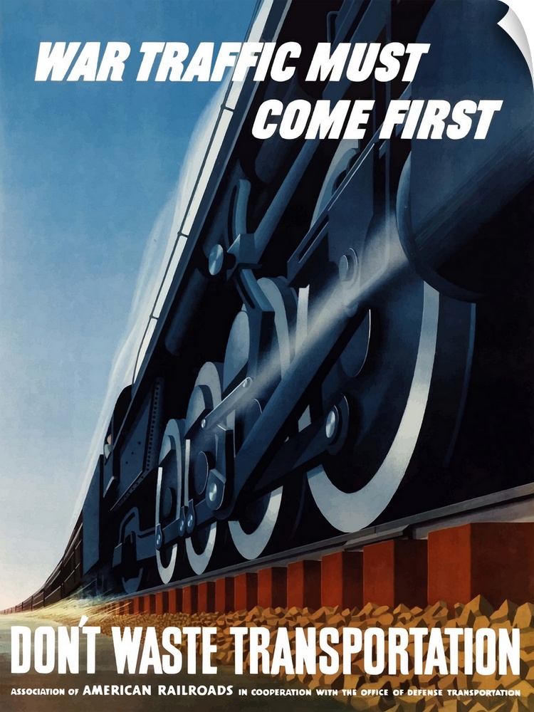 Digitally restored vector war propaganda poster. This vintage World War Two poster features a train speeding down the rail...