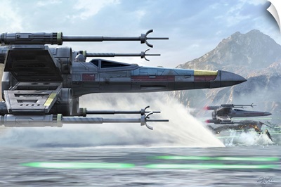 Early X-Wing model cruising over a lake to attack the Empire