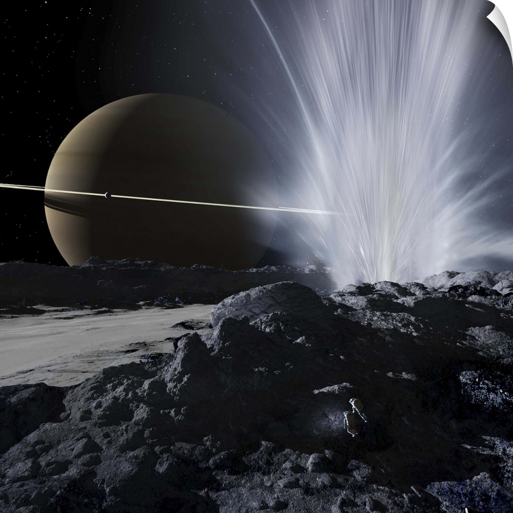 Explorers examine one of the great fissures from which Enceladus' geysers erupt.