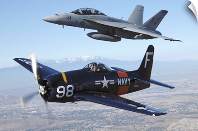 F/A-18 Hornet and F8F Bearcat flying over Chino, California
