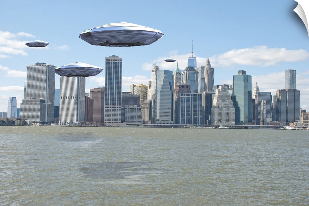 Flying saucers over New York harbor. 3D Rendering
