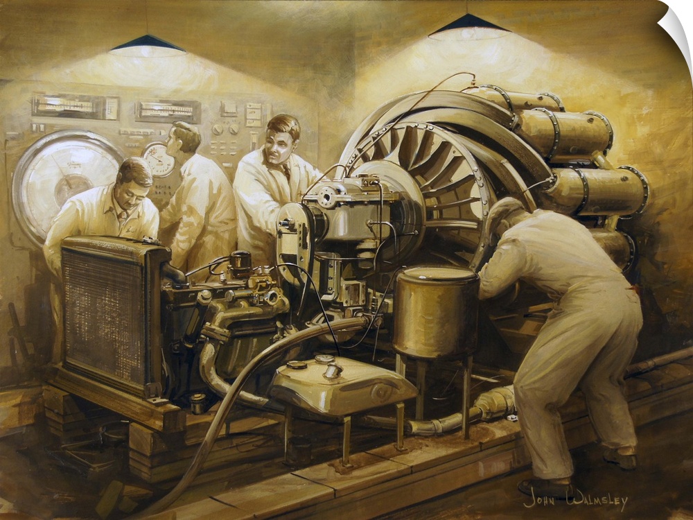 Frank Whittle's early development of the jet engine. Gouache painting.