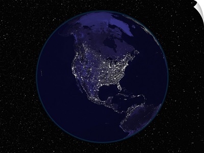 Fully dark city lights image of Earth centered on North America