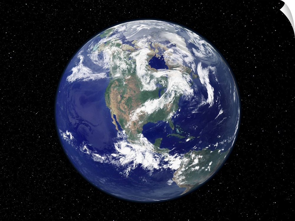 Photograph of the Earth as seen from space, where the continent and weather patterns are clearly visible, on a backdrop of...