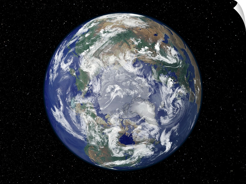A view of planet earth from space looking directly down at the north pole.