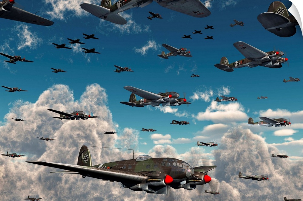 German Heinkel He 111 bombers gather over the English Channel as they join forces with their fighter escorts, the Messersc...