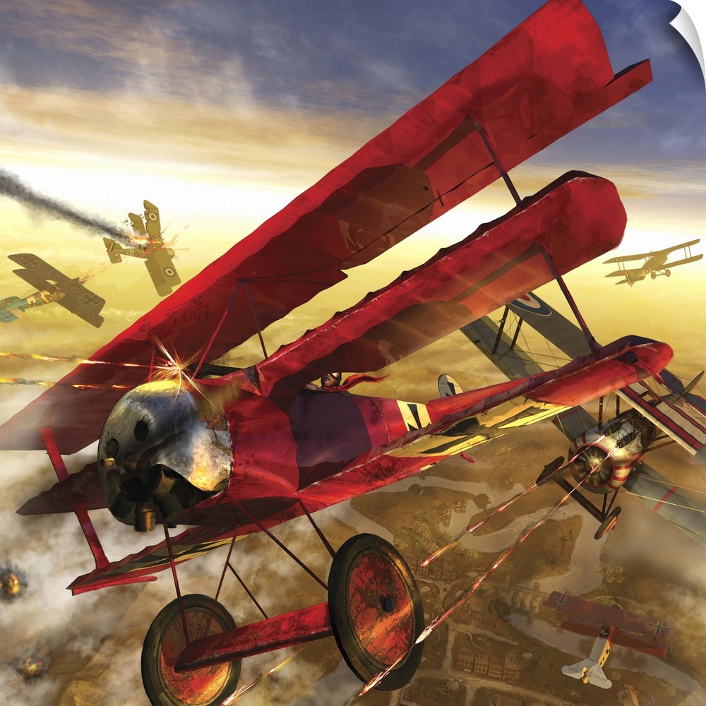 German triple wing bi-plane The Red Baron. World War I western front air assault.