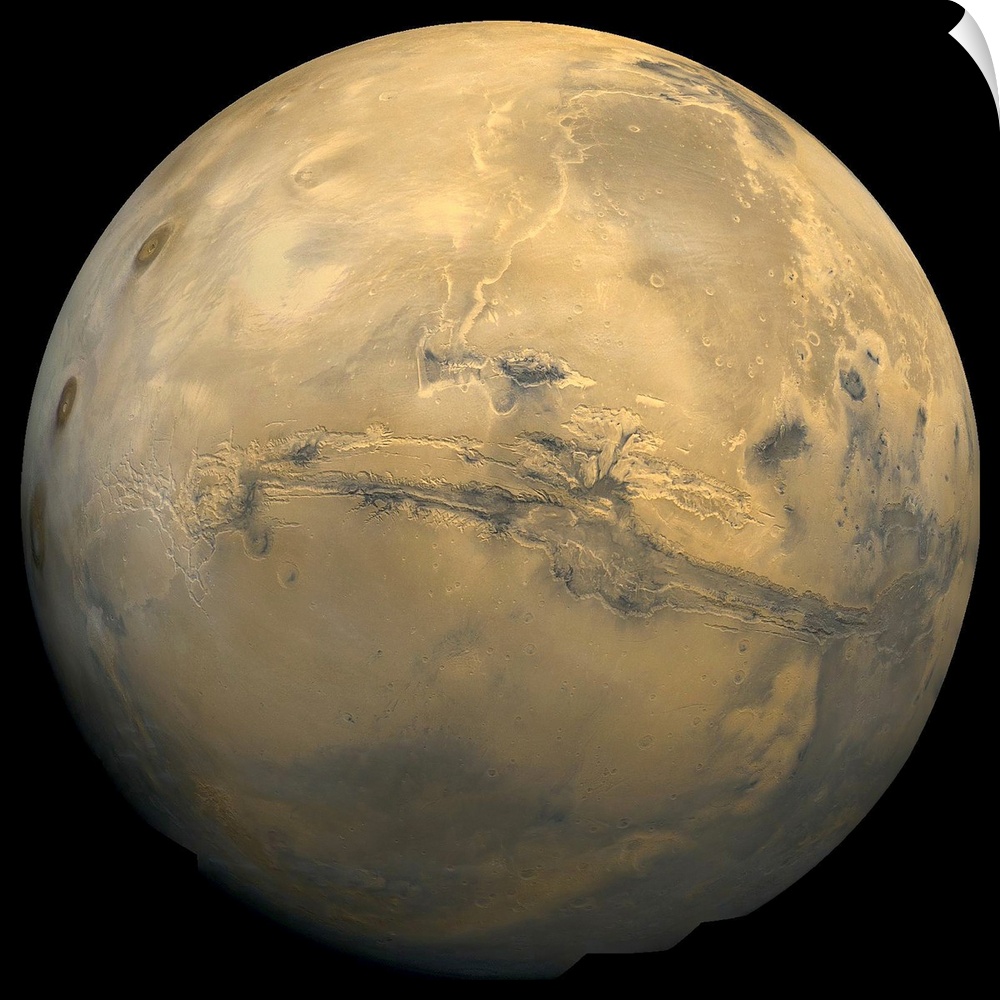 Global mosaic of Mars. Visible in the center of this mosaic is the largest known chasm in the solar system, Valles Marineris.