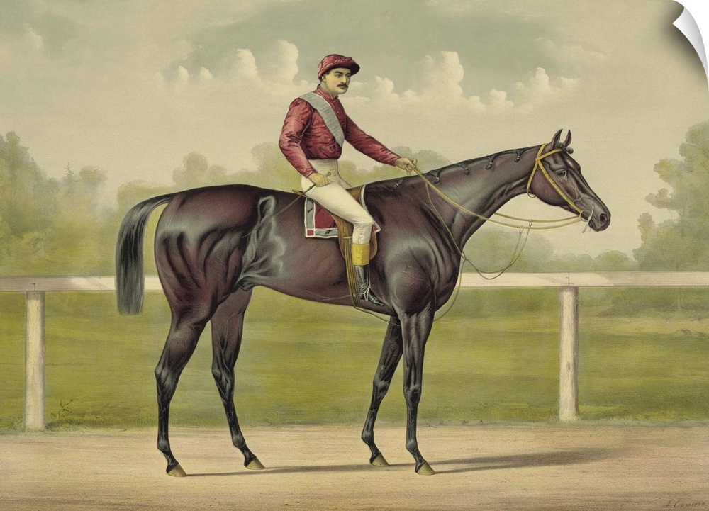 Grand Racer Kingston by Spendthrift chromolithograph featuring a jockey mounted on a thoroughbred racehorse. Original artw...