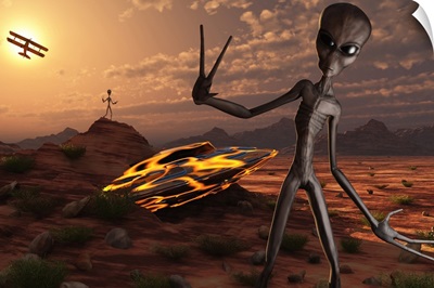 Grey aliens at the site of their UFO crash