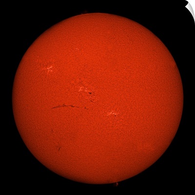 H alpha full Sun in red color with active areas and filaments