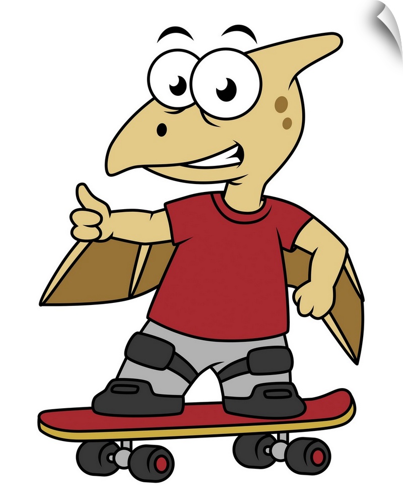 Illustration of a pterosaur skateboarding.