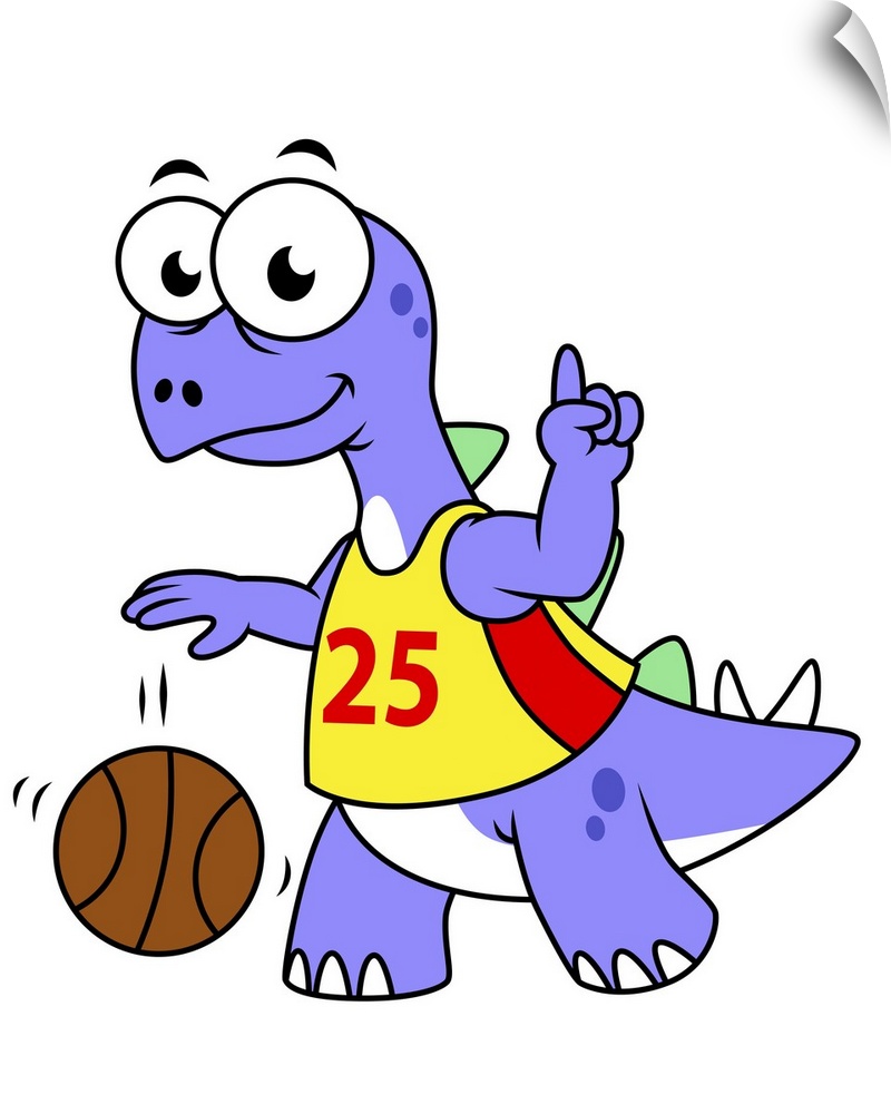 Illustration of a Stegosaurus playing basketball.
