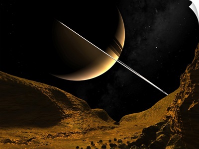 Illustration of Saturn from the icy surface of Enceladus