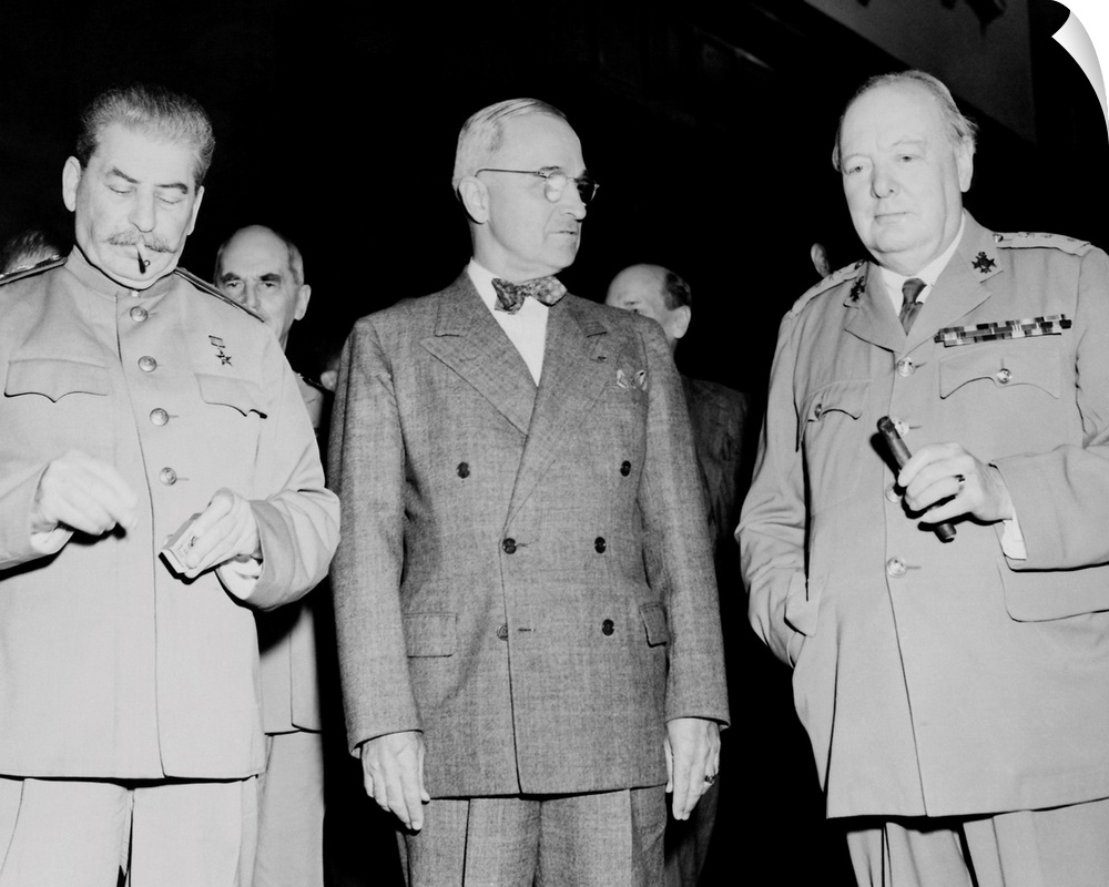 Vintage World War II photo of Premier Joseph Stalin, President Harry Truman, and Prime Minister Winston Churchill.
