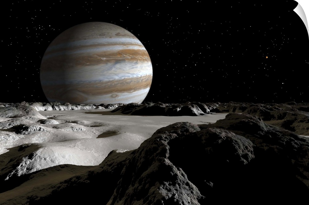 Jupiter's large moon, Europa, is covered by a thick crust of ice above a vast ocean of liquid water.