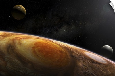Jupiters moons Io and Europa hover over the Great Red Spot on Jupiter