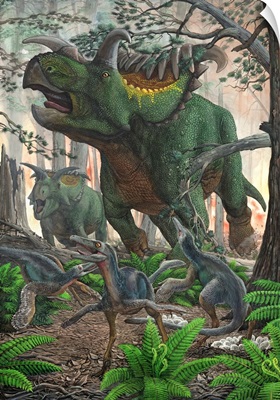 Kosmoceratops tramples over nesting Talos dinosaurs while fleeing from a forest fire