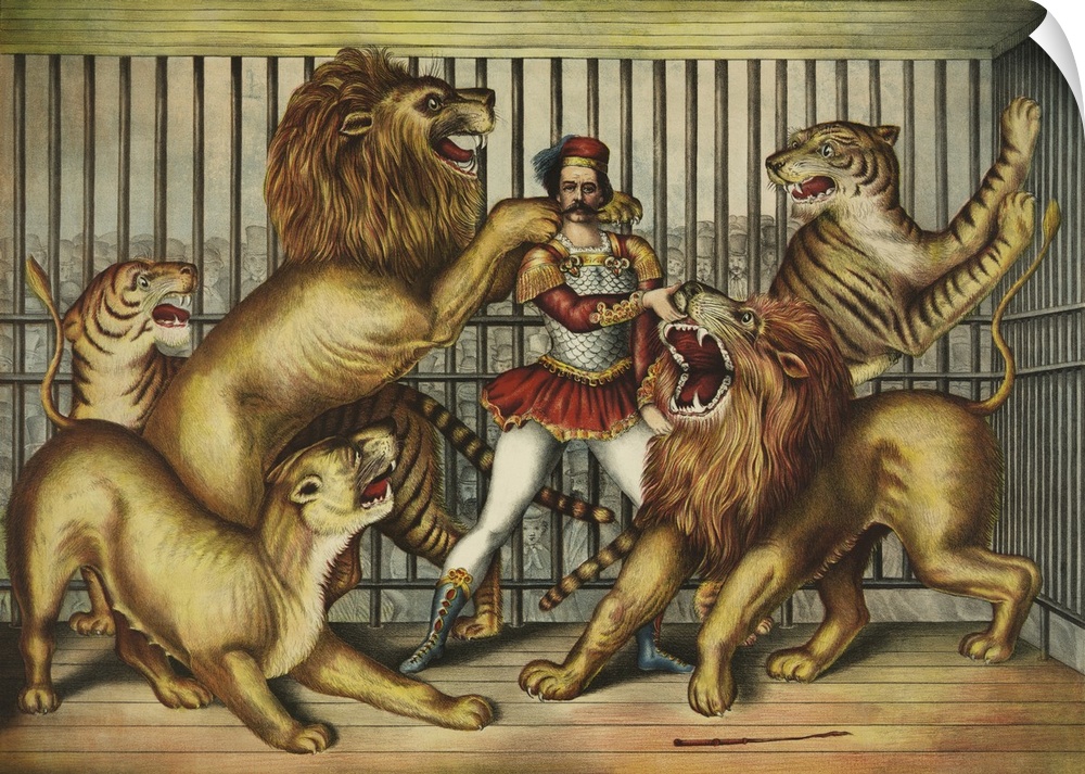 Lion Tamer In Cage With Two Lions, A Lioness, And Two Tigers