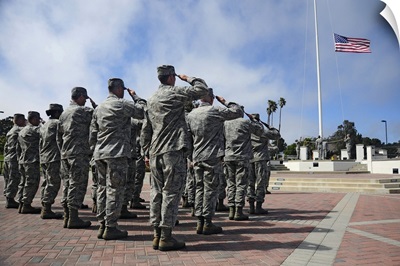 Members of the 30th Space Wing perform a retreat ceremony