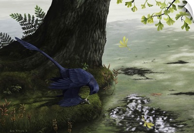 Microraptor gui eating a small fish