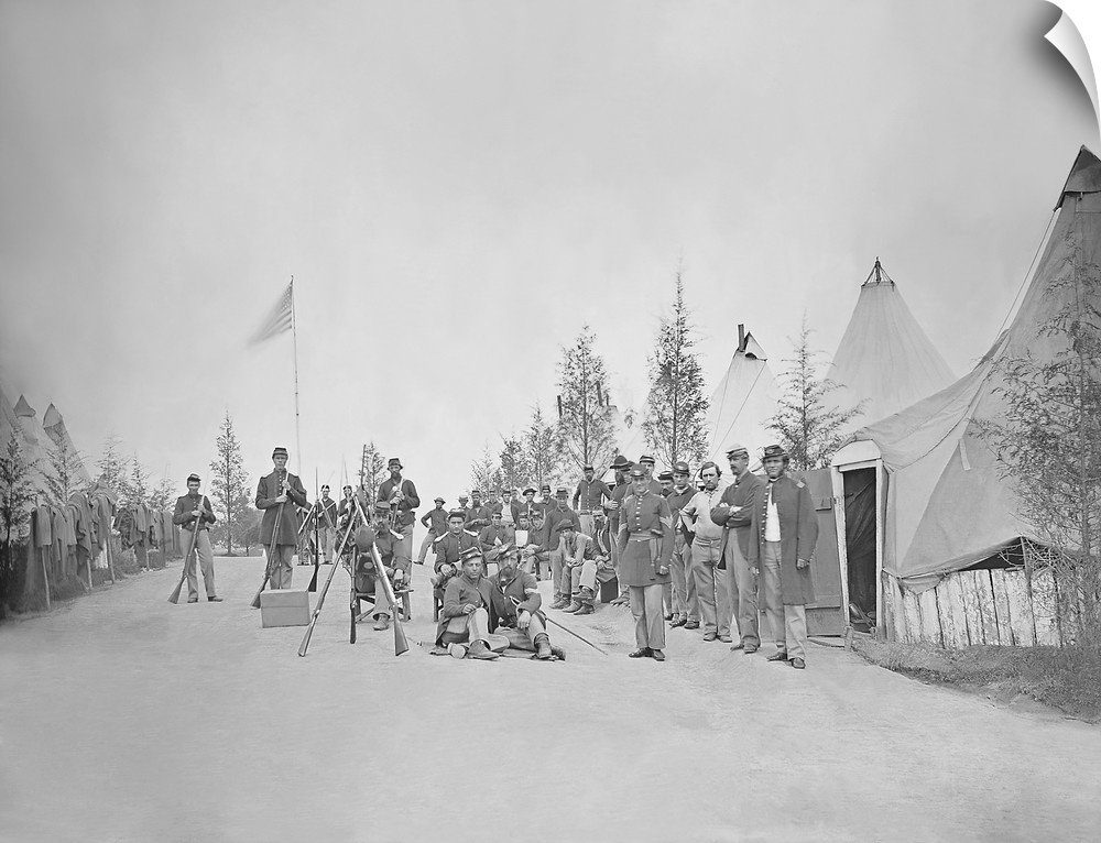 Military camp with soldiers in street during the American Civil War.