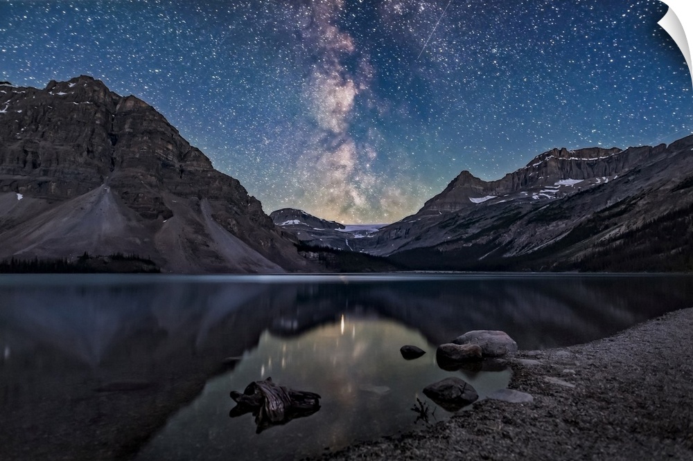 Milky Way setting behind Bow Glacier at the end of Bow Lake in Banff National Park, Canada.