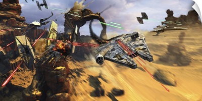 Millenium Falcon Flying Low in the Desert Fighting Off TIE fighters
