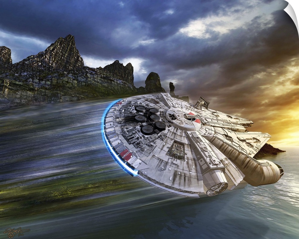 Rey piloting the Millennium Falcon over the ocean on an alien planet.