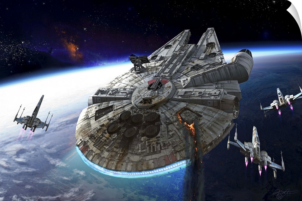 The Millennium Falcon flying over a planet with three X-Wings.