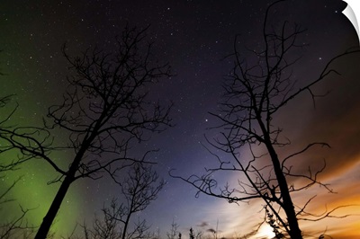 Moonrise and aurora borealis, Yukon, Canada