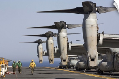 MV-22 Ospreys sit ready for launch on the flight deck of USS Kearsarge