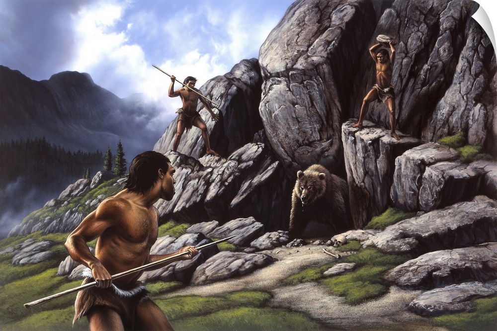 Neanderthals hunt a cave bear.