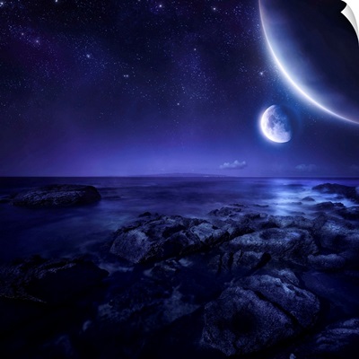 Nearby planets hover over the ocean on this world at night